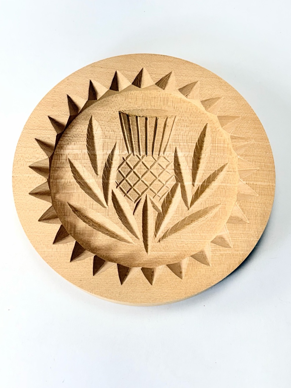 6" Wooden Scottish Thistle Pattern Hand Carved Shortbread Cookie Round Mold